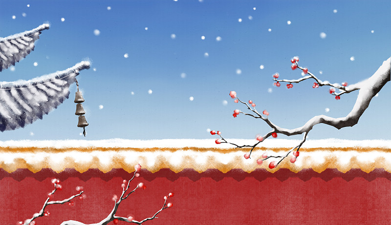 故宫冬季梅花雪中式插画图片下载