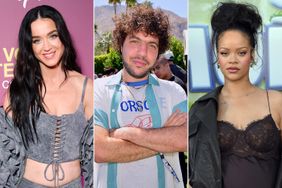 Katy Perry attends the "Diane von Furstenberg - Woman In Charge" Premiere on June 24, 2024 in Paris, France ; Benny Blanco attends the Interscope Coachella Party on April 16, 2022 in Palm Springs, California ; Rihanna attends the "Smurfs" Premiere on July 13, 2025, in Los Angeles, California. 