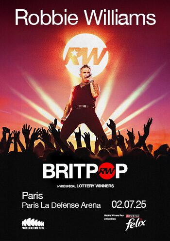 Affiche billetterie mise en avant site Robbie Williams Paris La Défense Arena sortie album vertical
