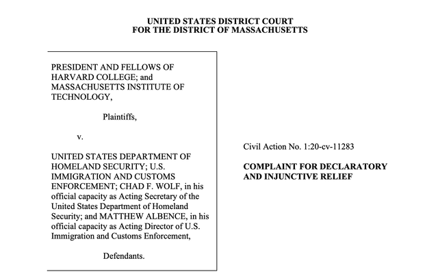 哈佛麻省理工起诉美政府：涉留学生的签证新规违反美国联邦法律