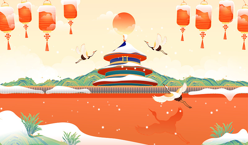 下雪天的国风复古天坛古建筑矢量插画图片下载