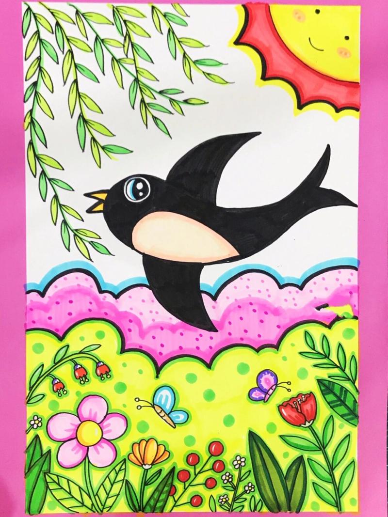 春天主题儿童画燕子来了柳树简笔画附线稿
附线稿