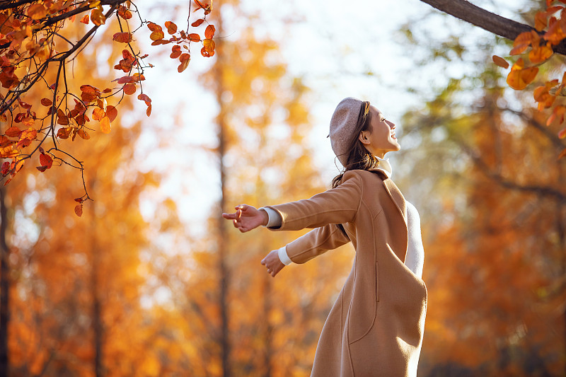 年轻女子伸展双臂拥抱秋色图片下载