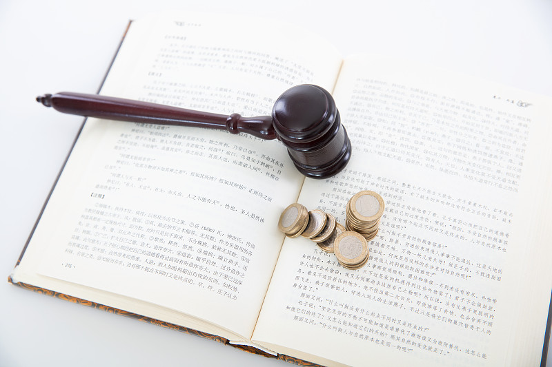 翻开书籍上的法锤和欧元硬币图片下载
