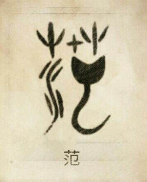 范姓图腾,范姓是蛇图腾,由表木、水、蛇组成。是巳,为蛇图腾,从水应是水蛇。“丫”是表木,“十”是“四方”,代表四时。汜人居范邑,以地为姓。始祖:士会。