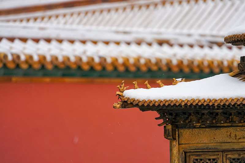 冬天雪中的故宫红墙屋檐屋顶图片下载