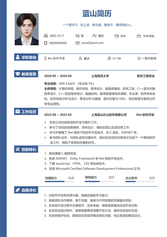 .Net软件开发个人简历模板