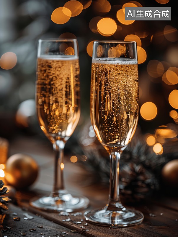 【AI数字艺术】香槟酒杯与节日灯光背景图片下载