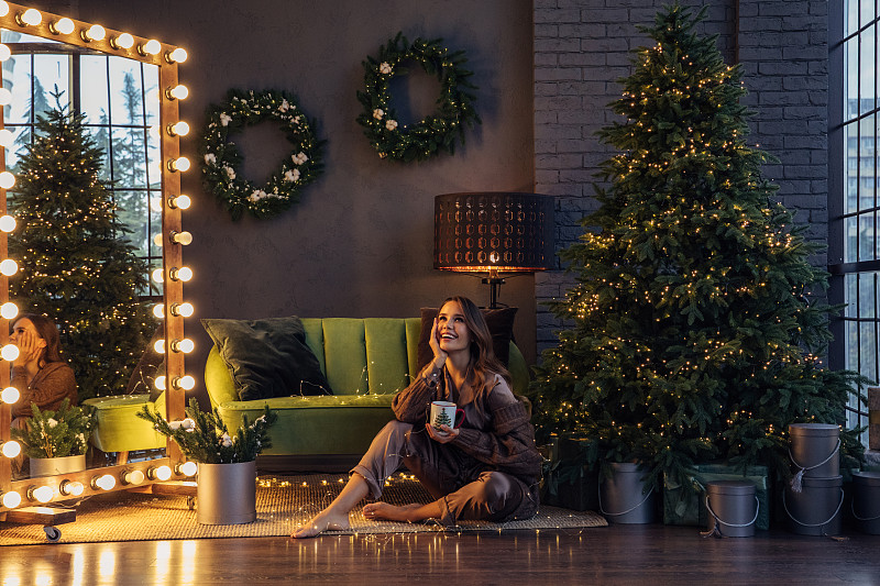 一个女人坐在圣诞节的气氛中图片下载