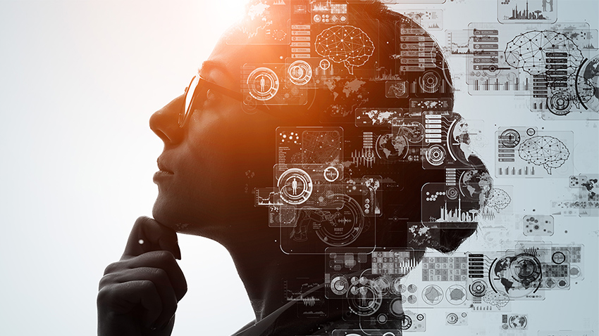 Lateral close-up of a woman, her gaze lost in infinity, with digitised images superimposed.