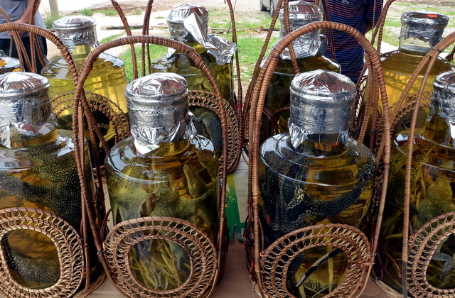 广西靖西县龙邦口岸小商品一条街销售的野生动物药酒。摄影/章轲